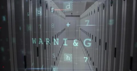 Image of cyber attack warning text and numbers processing over computer servers Foto stock