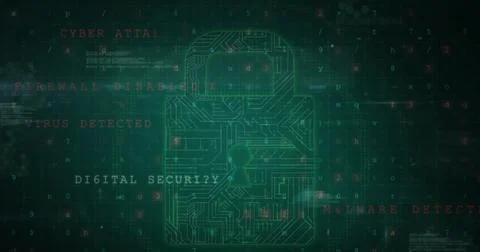Image of cyber attack warning text, padlock and data processing over circuit Stock Photos