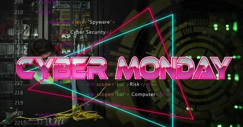 Image of cyber monday text with data processing and scope scanning over asian Stock Photos