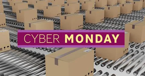 Image of cyber monday text over cardboard boxes on conveyor belts Ilustração Stock