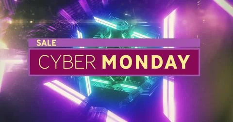 Image of cyber monday text over neon pattern background Stock Photos