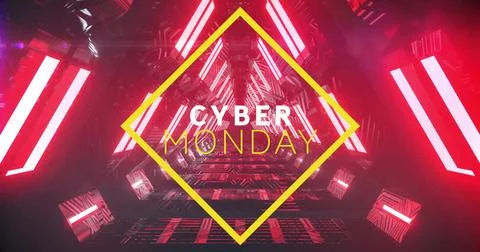 Image of cyber monday text over neon pattern background Stock Photos