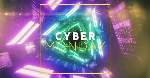 Image of cyber monday text over neon pattern background Stock Photos