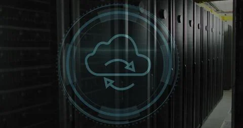 Image of cyber security and cloud icon in circle over data server systems Stockfoto's