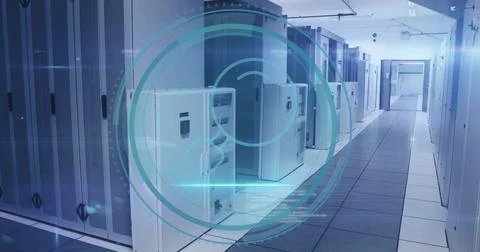 Image of cyber security and digital data processing over computer servers Stock Photos