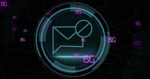 Image of cyber security and email in circle over 6g on black background Stock Illustration