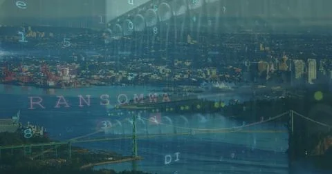 Image of cyber security and numbers over cityscape Stock Photos