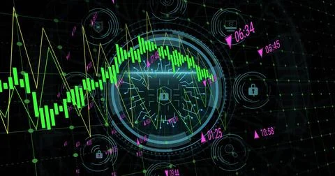 Image of cyber security and padlock in circle over graphs on black background Foto stock