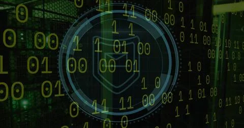Image of cyber security and shield with email in circle over binary code on Stock Illustration