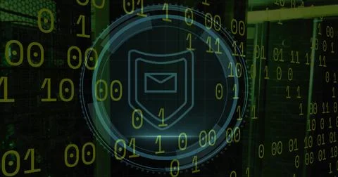 Image of cyber security and shield with email in circle over binary code on Stock Illustration