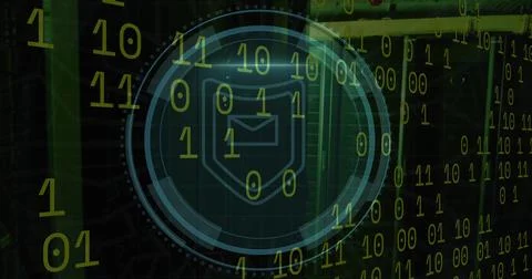Image of cyber security and shield with email in circle over binary code on Stock Illustration
