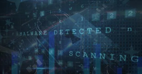 Image of cyber security and statistical data processing over security padlo.. Stock Photos