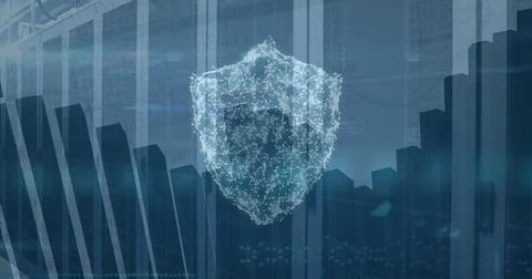 Image of cyber security concept icons and statistical data processing against 库存照片