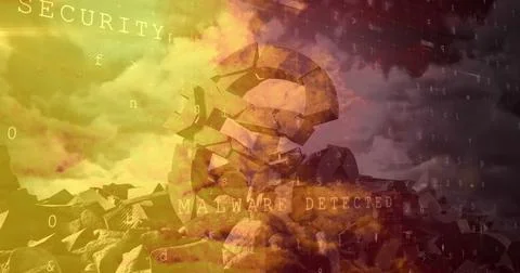 Image of cyber security data processing over broken euro symbol against clouds Illustrazione stock