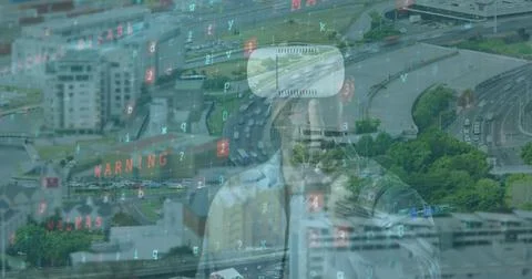 Image of cyber security, data processing and numbers over caucasian man in vr Stock Photos