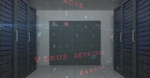 Image of cyber security data processing against computer server room Foto stock