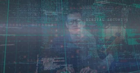 Image of cyber security data processing over portrait of male hacker using .. Stock Photos