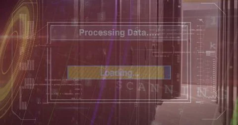 Image of cyber security data processing and light trails against empty comp.. 스톡 사진