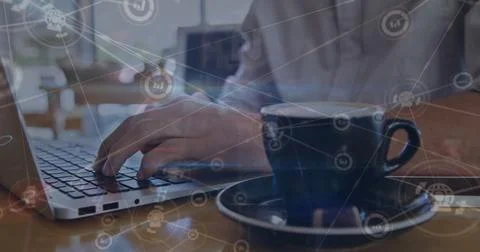 Image of cyber security data processing over mid section of a man using laptop Stock Photos