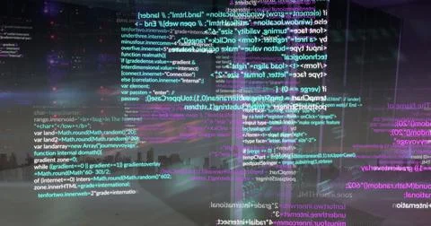 Image of cyber security data processing over computer server room against view Foto stock