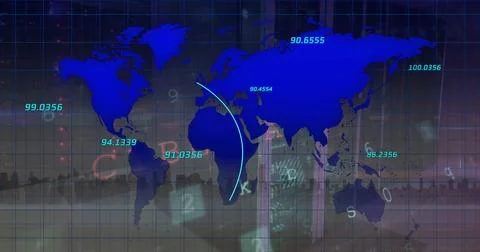 Image of cyber security data processing and world map over server room against Foto stock