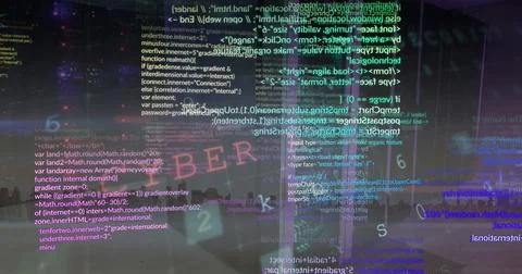 Image of cyber security data processing over computer server room against view Stock Photos