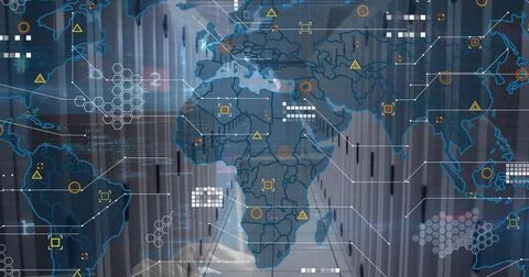Image of cyber security data processing over world map against computer ser.. Stock Photos