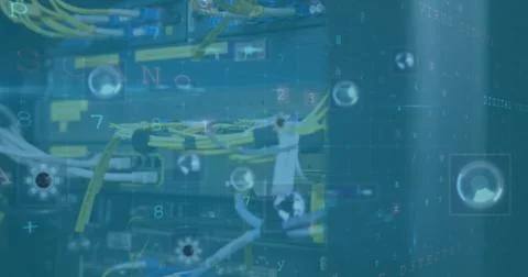 Image of cyber security data processing against close up of a computer server Stock Photos