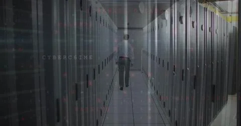 Image of cyber security data processing against male engineer walking in server Stock Photos