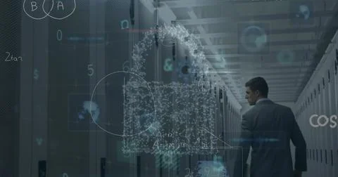 Image of cyber security data processing against caucasian male engineer walking Stock Photos