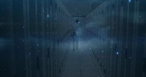 Image of cyber security data processing and stars over male engineer walking in Stock Photos