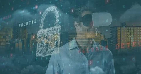Image of cyber security, digital padlock and numbers over caucasian man in vr Stockfoto's