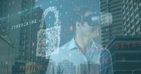 Image of cyber security, digital padlock and numbers over caucasian man in vr Stockfoto's