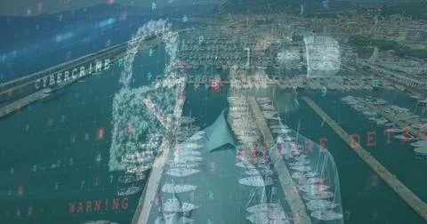 Image of cyber security, digital padlock over caucasian man in vr headset and 스톡 사진