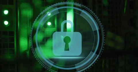 Image of cyber security text and security padlock icon on round scanner against Stock Illustration