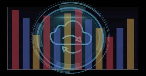 Image of cyber security text and cloud with arrows over diagrams 스톡 일러스트