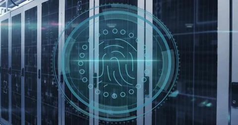 Image of cyber security text and biometric fingerprint scanner over server room Stock Illustration