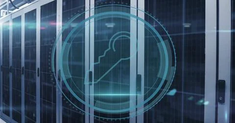 Image of cyber security text and scanner with key icon processing over server Stock Illustration