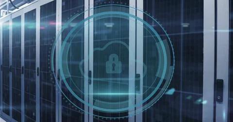 Image of cyber security text and scanner with cloud with padlock icon over 스톡 일러스트