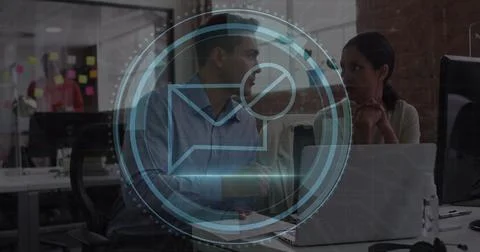 Image of cyber security text and envelope icon, diverse coworkers discussin.. Stock Photos