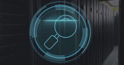 Image of cyber security text and magnifying glass scanning against computer.. Stock Photos