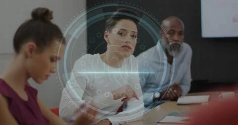 Image of cyber security text and fingerprint scanner over biracial woman Stock Photos