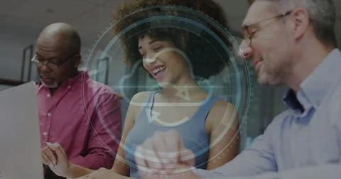 Image of cyber security text and firewall icon over diverse man and woman 스톡 사진