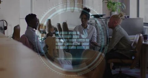 Image of cyber security text and firewall icon over diverse colleagues 스톡 사진