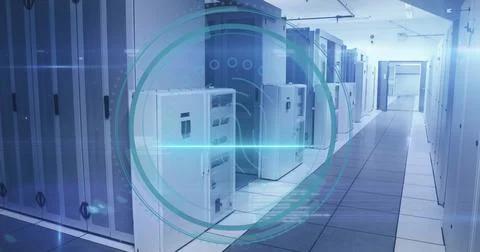 Image of cyber security text and digital data processing over computer servers Foto stock