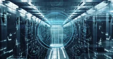 Image of cyber security text and digital data processing over computer servers 스톡 사진