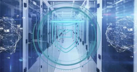 Image of cyber security text and digital data processing over computer servers Stockfoto's