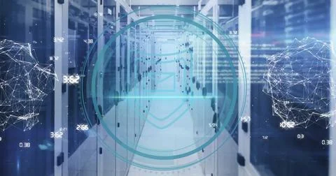 Image of cyber security text and digital data processing over computer servers Foto stock