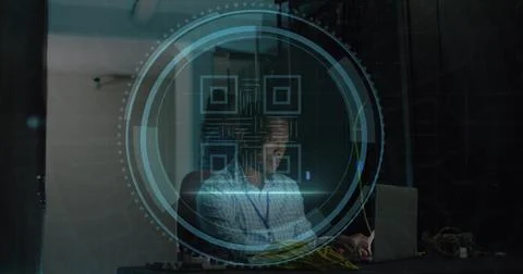 Image of cyber security text, bar code, african american male engineer usin.. Stockfoto's