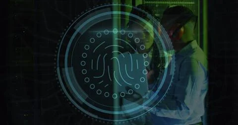 Image of cyber security text, biometric over african american engineers dis.. Stock Photos